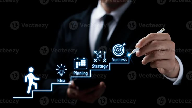 businessmen point to successful business growth plans, ladder of success, action planning and long term business goals 